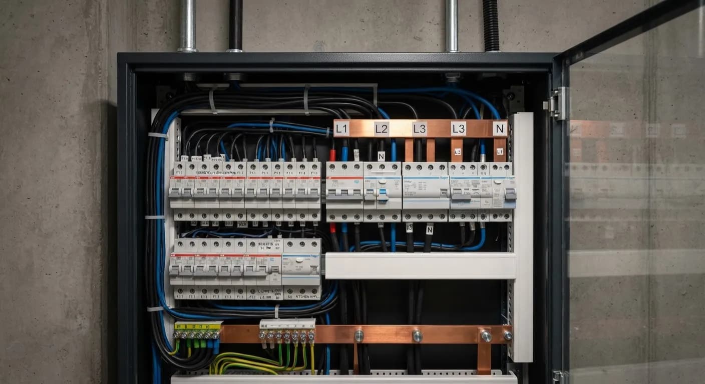 Распределительный щит с автоматами ABB и медными шинами L1–L3